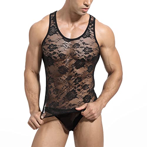 NICEYEA Sissy Dessous Herren Spitzenbody Weste ärmellos Bodysuit Unterhemd Stringbody Bodysuit Durchsichtig Blumen Shirt Unterwäsche Reizwäsche Erotik Dessous Spitze Shirt Tops Unterhemd M XL von NICEYEA