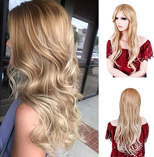 Lange lockige blonde Perücke von Frauen zwei Töne dunkelbraun verwurzelt mit synthetischen hitzebeständigen natürlichen mittleren Teilen Perücken for Frauen Cosplay Party Daily Wear 21 " / a von NICHANGHUA