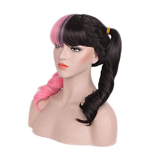 NICHANGHUA Haar Lange lockige rosa und Schwarze Nähmaschine natürliche synthetische Cosplay -Perücken mit Pony Curly Pferdeschwanzverlänger von NICHANGHUA