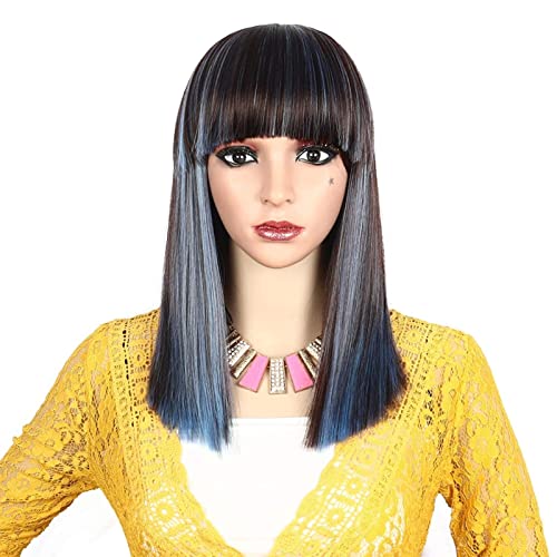 NICHANGHUA Haar Schwarz Seide gerade hitzebeständige Faserperücke mit Pony Glueless Short Bob Synthetic Perücke mit blauen Highlights Party täglich Cosplay -Perücken for Frauen NICHANGHUA Haar Schwarz Seide gerade hitzebeständige Faserperücke mit Pony Glueless Short Bob Synthetic Perücke mit blauen Highlights Party täglich Cosplay -Perücken for Frauen von NICHANGHUA