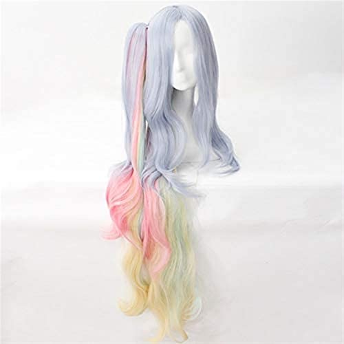 NICHANGHUA Kein Spiel kein Leben Shiro Cosplay Perücke Langes lockiges welliges Synthetisches Haar Anime Kostüm Party Blau Pink gelber Klauen Clip Pferdeschwanz von NICHANGHUA