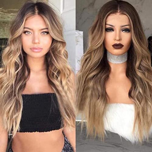 NICHANGHUA Lange lockige Blonde Perücke von Frauen Zwei Töne Dunkelbraun verwurzelt mit synthetischen hitzebeständigen natürlichen mittleren Teilen Perücken for Frauen Cosplay Party täglich 26" / a von NICHANGHUA