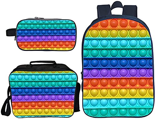 Pop it Schultaschen Set Rucksack + Lunchpaket + Doppellagiges Federmäppchen für Jungen Mädchen Kinder 3D-Druck Schulrucksack 16 Zoll (04) von NICHIYO