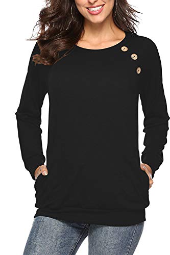 NICIAS Damen Langarmshirt Pullover Lässige Rundhals Sweatshirt Schaltflächen Hemd T Shirt Bluse Tunika Top mit Taschen Schwarz M von NICIAS