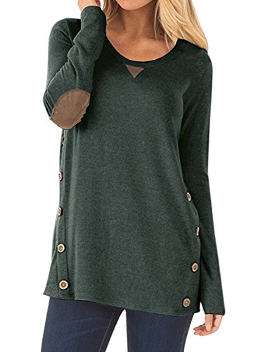 NICIAS Damen Seitliche Tasten Langarmshirt Pullover Lässige Rundhals Sweatshirt Ellenbogen Gepatcht Hemd Lose T Shirt Blusen Tunika Top(Dunkelgrün, XL) von NICIAS