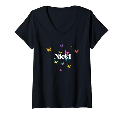 Damen Nicki - Schöner Mädchen Name mit bunten Schmetterlingen T-Shirt mit V-Ausschnitt von NICKI Tochter Enkel Geburtstag Geschenkideen
