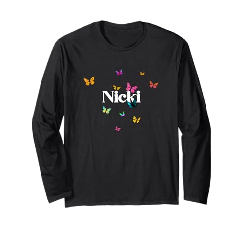 Nicki - Schöner Mädchen Name mit bunten Schmetterlingen Langarmshirt von NICKI Tochter Enkel Geburtstag Geschenkideen
