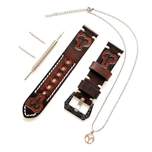 NICKSTON Aries Zodiac Set Genuine Brown Leather 22mm Tooled Embossed Crafted Band Strap Bracelet Watch Kit for Watches and 25" Inch Pendant Necklace (1. Engraved Silver Color Buckle) von NICKSTON