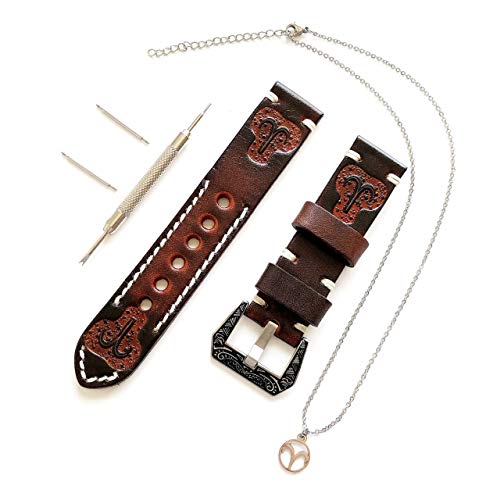 NICKSTON Aries Zodiac Set Genuine Brown Leather 22mm Tooled Embossed Crafted Band Strap Bracelet Watch Kit for Watches and 25" Inch Pendant Necklace (3. Black Color Buckle) von NICKSTON
