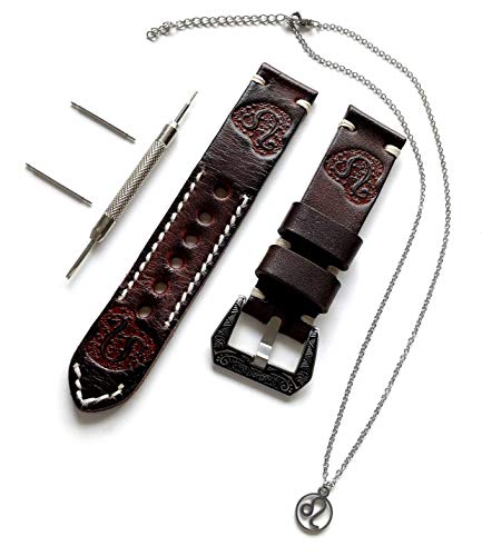 NICKSTON Leo Zodiac Set Genuine Brown Leather 22mm Tooled Embossed Crafted Band Strap Bracelet Watch Kit for Watches and 25" Inch Pendant Necklace (2. Silver Color Buckle) von NICKSTON