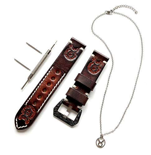 NICKSTON Taurus Zodiac Set Genuine Brown Leather 22mm Tooled Embossed Crafted Band Strap Bracelet Watch Kit for Watches and 25" Inch Pendant Necklace (2. Silver Color Buckle) von NICKSTON