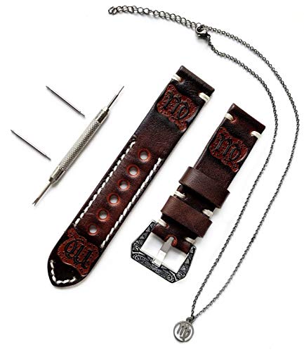 NICKSTON Virgo Zodiac Set Genuine Brown Leather 22mm Tooled Embossed Crafted Band Strap Bracelet Watch Kit for Watches and 25" Inch Pendant Necklace (1. Engraved Silver Color Buckle) von NICKSTON