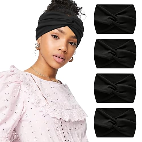 NICOLA Haarbänder, extra breit, schwarz, dehnbar, Turban-Stirnband, Vintage-Kopfwickel-Stirnband für Damen und Mädchen, Freizeitkleidung, Arbeit, Laufen (schwarz, breite und bequeme Passform), 4 Stück von NICOLA