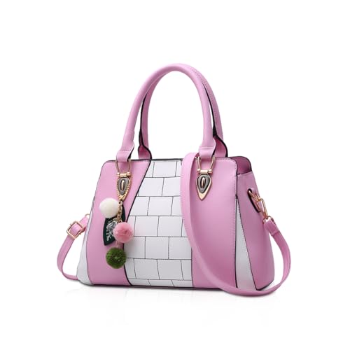 Damen Handtasche Shopper Elegant Groß Damen Tasche mit Pelz Kugel Plüsch Schlüsselring PU Leder Frauen Schulter Beuteltote Schultaschen Rosa von NICOLE & DORIS