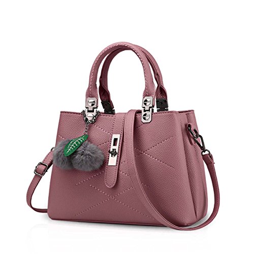 NICOLE & DORIS 2025 Neue Frauen tasche Damen Leder Handtasche Mode Umhängetasche Mit Pompon abnehmbarem Schultergurt handtasche Rosa Morado von NICOLE & DORIS