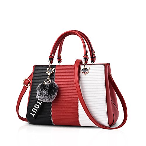 NICOLE & DORIS 2025 Neue Frauen Tasche Damen Leder Handtasche Mode Umhängetasche Mit Pompon abnehmbarem Schultergurt Handtasche Weinrot von NICOLE & DORIS