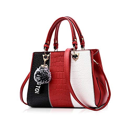 NICOLE & DORIS 2024 Neue Frauen Tasche Damen Leder Handtasche Mode Umhängetasche Mit Pompon abnehmbarem Schultergurt Handtasche Weinrot von NICOLE & DORIS