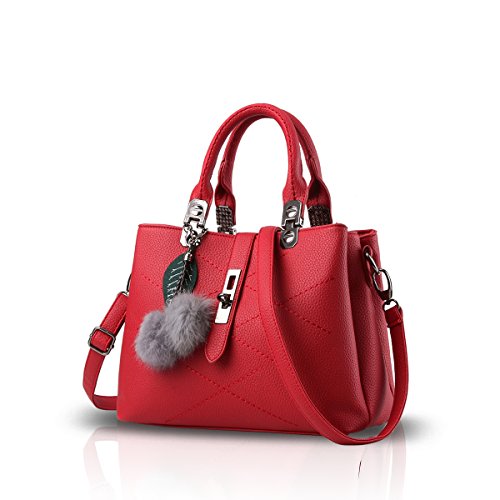 NICOLE & DORIS 2025 Neue Frauen Tasche Damen Leder Handtasche Mode Umhängetasche Mit Pompon abnehmbarem Schultergurt Handtasche Claret Rouge von NICOLE & DORIS