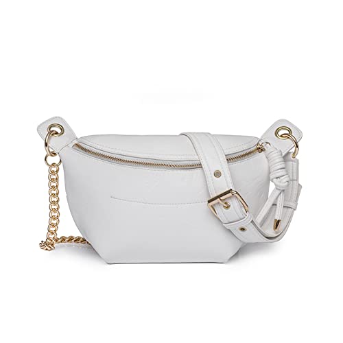 NICOLE & DORIS Bauchtasche Damen Retro Umhängetaschen Kleine Schultertaschen PU Leder Satchel Handtasche mit Kette Crossbody Bag Damen Brusttasche Weiß von NICOLE & DORIS