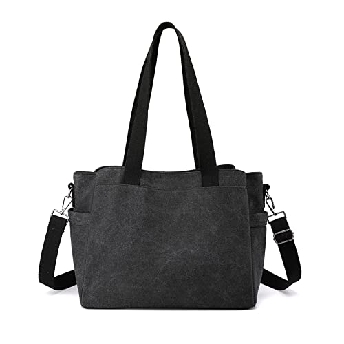 NICOLE & DORIS Canvas Handtasche Damen Große Kapazität Tote Tasche Shopper Schultertasche Casual Umhängetasche Multifunktionale Tasche aus Segeltuch für Schule Alltag Büro Schwarz von NICOLE & DORIS