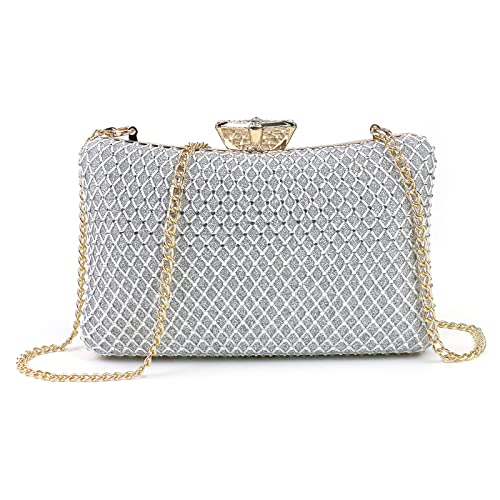 NICOLE & DORIS Damen Abendtasche Clutch Handtaschen Elegant Umhängetasche Kleine Kettentasche Glitzer Tasche für Hochzeit Party Freizeit Silber von NICOLE & DORIS