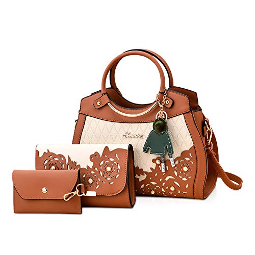 NICOLE & DORIS Damen Handtasche 3-teiliges Set Elegant Ümhängetasche+Praktische Geldbörse+Kartenpaket für Damen Schultertasche Tragetasche Braun von NICOLE & DORIS