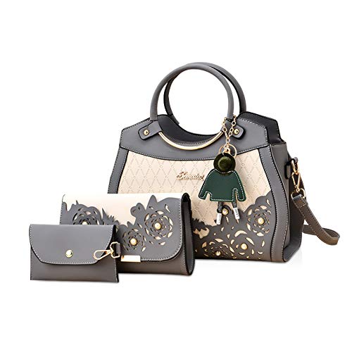 NICOLE & DORIS Damen Handtasche 3-teiliges Set Elegant Ümhängetasche+Praktische Geldbörse+Kartenpaket für Damen Schultertasche Tragetasche Dunkelgrau von NICOLE & DORIS