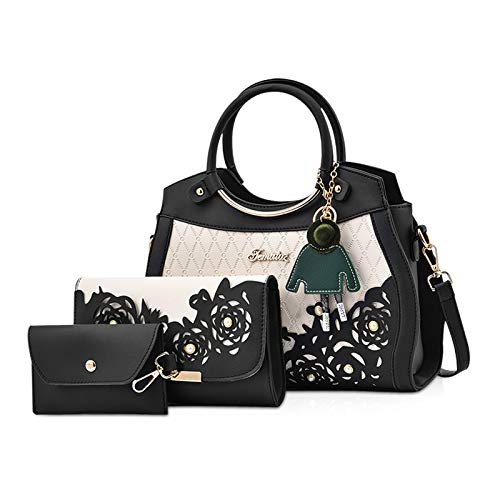 NICOLE & DORIS Damen Handtasche 3-teiliges Set Elegant Ümhängetasche+Praktische Geldbörse+Kartenpaket für Damen Schultertasche Tragetasche Schwarz von NICOLE & DORIS