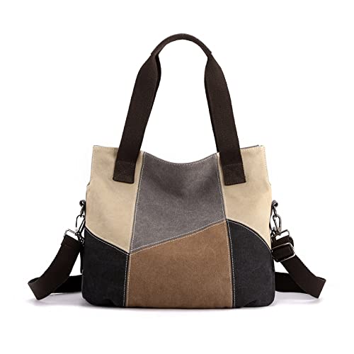 NICOLE & DORIS Damen Handtasche Canvas Shopper Schultertasche Mehrfarbige Tote Tasche Casual Umhängetasche Große Crossbody Bag Arbeitstasche Retro Messenger Bag Grau von NICOLE & DORIS