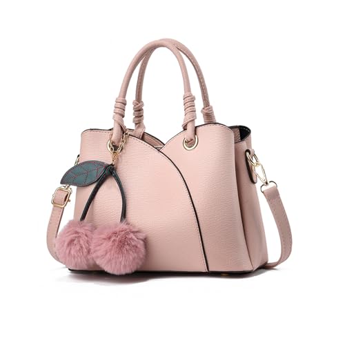 NICOLE & DORIS Damen Handtasche Elegant Umhängetasche Mode Schultertasche Bommel Henkeltasche PU Leder Wasserdicht Tote Tasche mit Vielen Fächern Rosa von NICOLE & DORIS