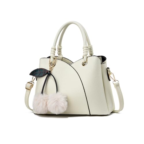 NICOLE & DORIS Damen Handtasche Elegant Umhängetasche Mode Schultertasche Bommel Henkeltasche PU Leder Wasserdicht Tote Tasche mit Vielen Fächern Weiß von NICOLE & DORIS