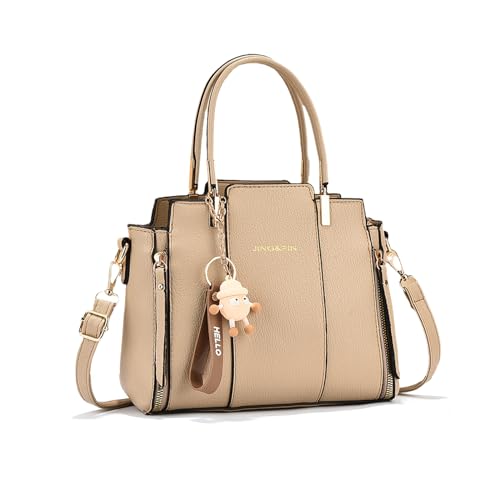NICOLE & DORIS Damen Handtasche Elegante Mittelgroß Handtaschen Modern Schultertasche Frauen Umhängetasche PU Leder Henkeltasche mit Anhänger Khaki von NICOLE & DORIS