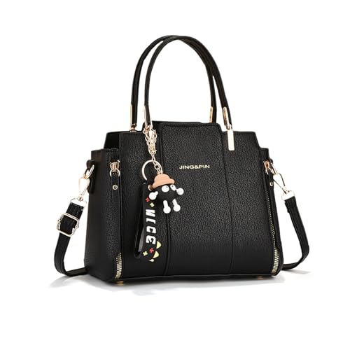 NICOLE & DORIS Damen Handtasche Elegante Mittelgroß Handtaschen Modern Schultertasche Frauen Umhängetasche PU Leder Henkeltasche mit Anhänger Schwarz von NICOLE & DORIS