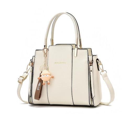 NICOLE & DORIS Damen Handtasche Elegante Mittelgroß Handtaschen Modern Schultertasche Frauen Umhängetasche PU Leder Henkeltasche mit Anhänger Weiß von NICOLE & DORIS