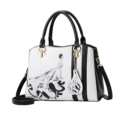 NICOLE & DORIS Damen Handtasche Elegante Mittelgroß Umhängetasche Muster Henkeltasche Retro Handtaschen PU Leder Schultertaschen mit Anhänger Schwarz von NICOLE & DORIS