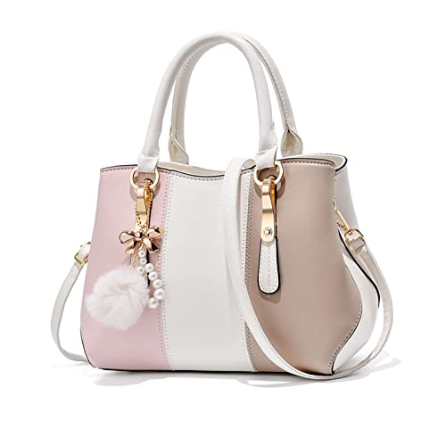 NICOLE & DORIS Damen Handtasche Elegante Schultertasche Mehrfarbige Tote Tasche Shopper Henkeltasche Mittelgroß Handtaschen PU Leder Frauen Umhängetasche mit PomPom Anhänger Weiß von NICOLE & DORIS