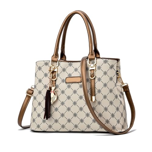 NICOLE & DORIS Damen Handtasche Elegante Schultertaschen Bedruckte Handtaschen PU Leder Frauen Umhängetasche Shopper Tote Mittelgross Tasche Henkeltasche mit Anhänger Beige mit Braun von NICOLE & DORIS