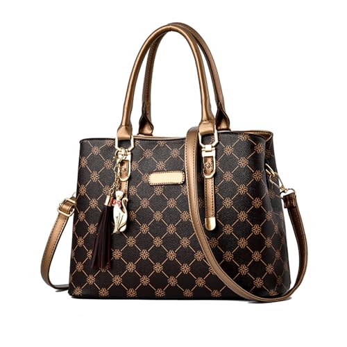NICOLE & DORIS Damen Handtasche Elegante Schultertaschen Bedruckte Handtaschen PU Leder Frauen Umhängetasche Shopper Tote Mittelgross Tasche Henkeltasche mit Anhänger Braun von NICOLE & DORIS