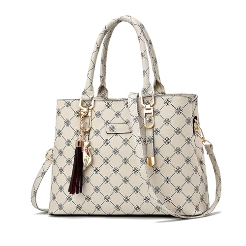 NICOLE & DORIS Damen Handtasche Elegante Schultertaschen Bedruckte Handtaschen PU Leder Frauen Umhängetasche Shopper Tote Mittelgross Tasche Henkeltasche mit Anhänger Grauweiß von NICOLE & DORIS