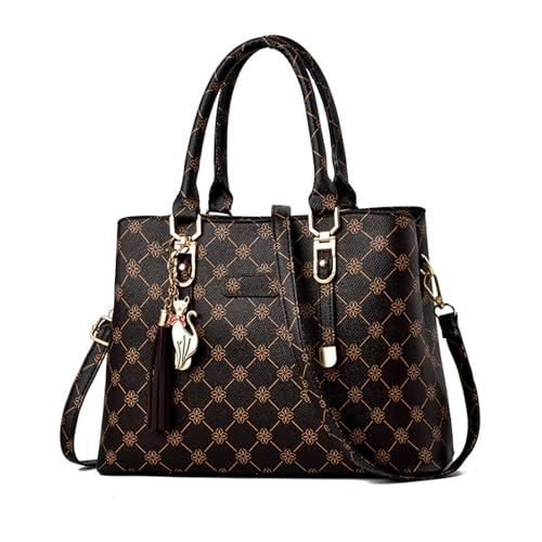 NICOLE & DORIS Damen Handtasche Elegante Schultertaschen Bedruckte Handtaschen PU Leder Frauen Umhängetasche Shopper Tote Mittelgross Tasche Henkeltasche mit Anhänger Kaffee von NICOLE & DORIS