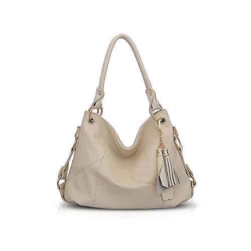 NICOLE & DORIS Damen Handtasche Groß Designer Umhängetasche Leder Tote Bag Shopper Handtasche Elegant Tasche mit Quaste Beige von NICOLE & DORIS