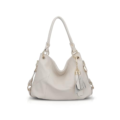 NICOLE & DORIS Damen Handtasche Groß Designer Umhängetasche Leder Tote Bag Shopper Handtasche Elegant Tasche mit Quaste Beige von NICOLE & DORIS