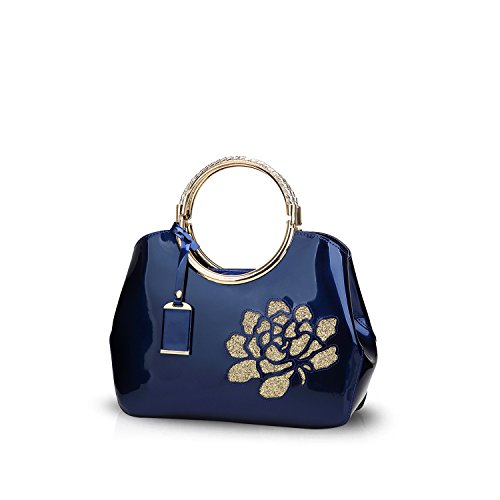 NICOLE & DORIS Damen Handtasche Lackleder Clutch Henkeltasche Abendtasche Umhängetasche wasserdichte Schultertaschen Mode Tasche mit Abnehmbarem Schultergurt Blaue Blume von NICOLE & DORIS