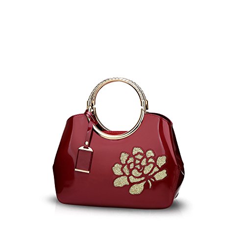 NICOLE & DORIS Damen Handtasche Lackleder Clutch Henkeltasche Abendtasche Umhängetasche wasserdichte Schultertaschen Mode Tasche mit Abnehmbarem Schultergurt Rotwein Blume von NICOLE & DORIS