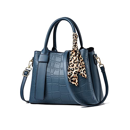 NICOLE & DORIS Damen Handtasche Leder Henkeltasche Tasche Retro Krokodilmuster Designer Schultertasche Frauen Umhängetasche Arbeitstasche Shopper Tote Bag mit Seidentuch Navy Blau von NICOLE & DORIS