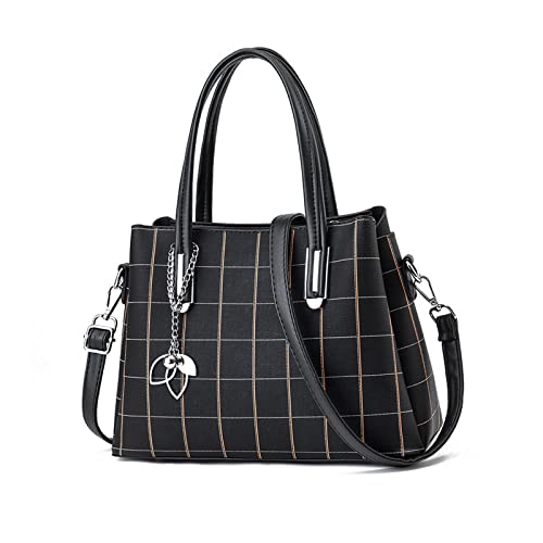 NICOLE & DORIS Damen Handtasche Mittelgross Elegant Handtaschen Karierte Tasche PU Leder Schultertasche Frauen Umhängetasche Modern Henkeltasche mit Anhänger Schwarz von NICOLE & DORIS