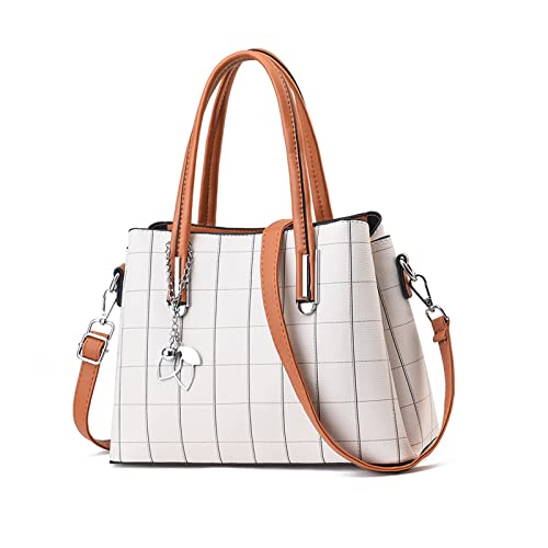 NICOLE & DORIS Damen Handtasche Mittelgross Elegant Handtaschen Karierte Tasche PU Leder Schultertasche Frauen Umhängetasche Modern Henkeltasche mit Anhänger Weiß mit Gelb von NICOLE & DORIS