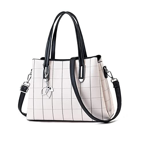 NICOLE & DORIS Damen Handtasche Mittelgross Elegant Handtaschen Karierte Tasche PU Leder Schultertasche Frauen Umhängetasche Modern Henkeltasche mit Anhänger Weiß mit Schwarz von NICOLE & DORIS