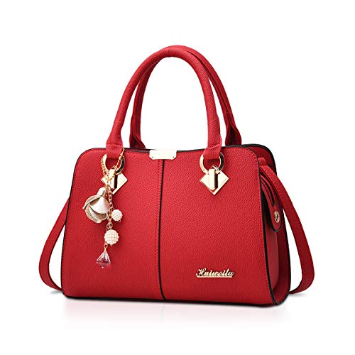 NICOLE & DORIS Damen Handtasche Mittelgross Elegant Handtaschen Mode Umhängetasche Henkeltaschen PU Leder Alltags Schultertasche mit Quasten Anhänger Rot von NICOLE & DORIS