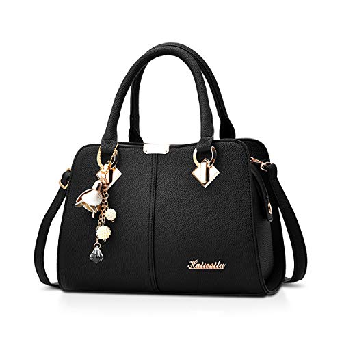 NICOLE & DORIS Damen Handtasche Mittelgross Elegant Handtaschen Mode Umhängetasche Henkeltaschen PU Leder Alltags Schultertasche mit Quasten Anhänger Schwarz von NICOLE & DORIS